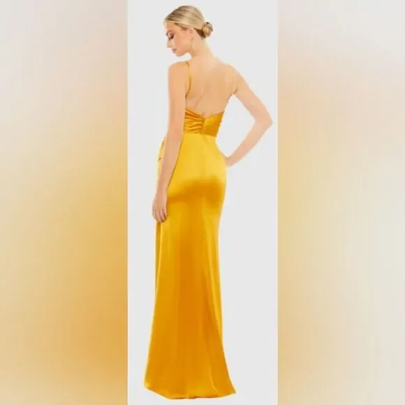 Mac Duggal 26585 Satin Sleeveless Faux Wrap Ruched Gown NWT sz 0 Marigold/Yellow - Picture 2 of 6